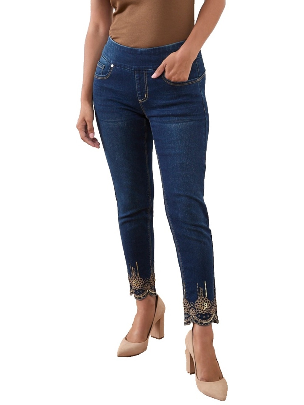 Cleo Blake Gold Embroidery & Rhinestone Ankle Jeans - Size 6 EUC